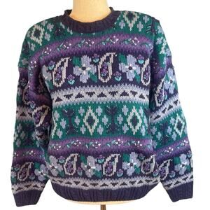 Vintage 80's Sweater Hand Embroidered Portraits by Northern Isles Petite Large